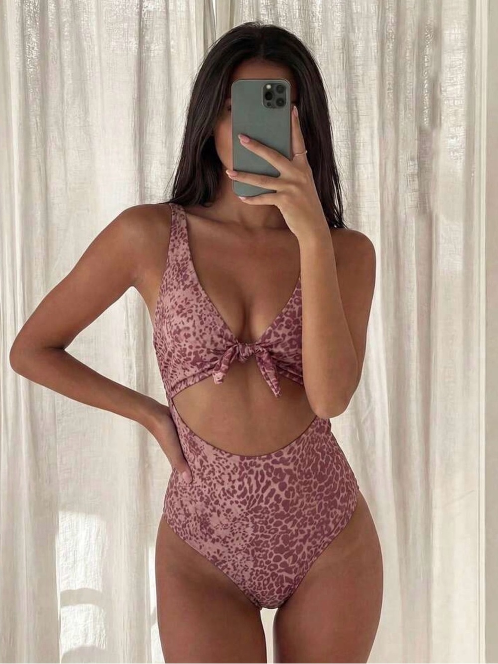 Tie-Front Cutout Leopard Print One-Piece Swimsuit - Mauve Pink